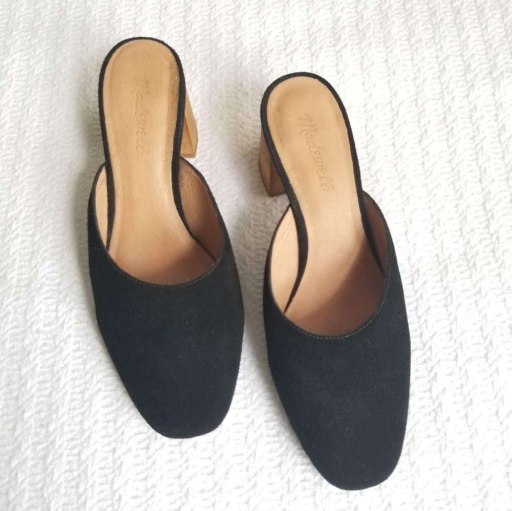 Madewell, Black Suede Mules with Wood Block Heel